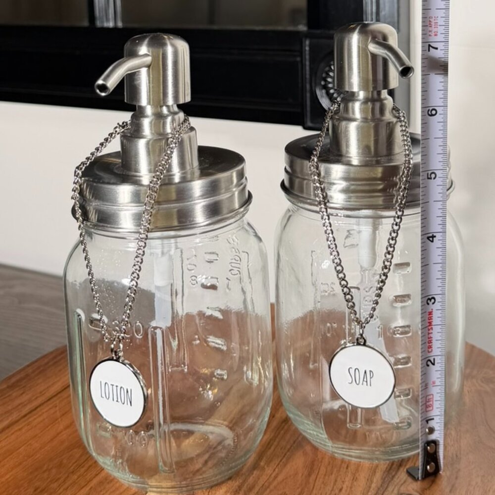 Farmhouse Mason Jar Soap Dispenser Set – Hand Soap & Dish Soap – Reversible Tags